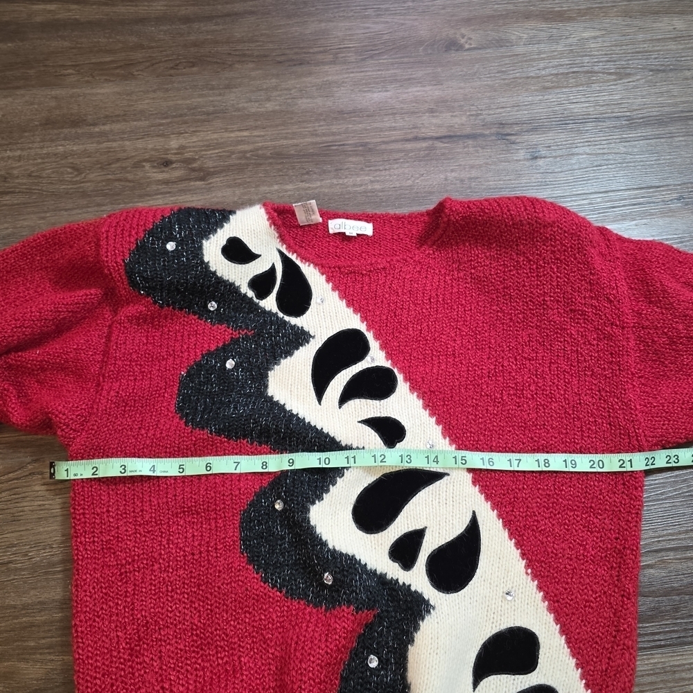 Vtg Albee Angora Blend Red Sweater w/ Velvet Appliqué & Sequins – Abstract 80s M - Picture 6 of 10